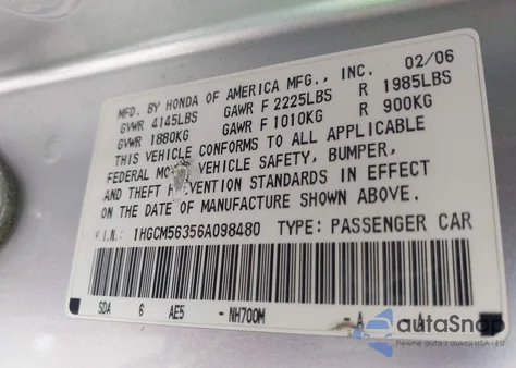 2006 Honda Accord 2.4 Se из США, поврежденный, VIN 1HGCM56356A098480